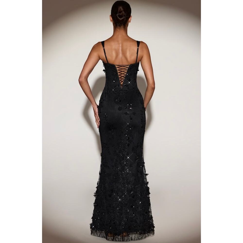 Oh Polly Vasanta Embellished Applique Soft-Scoop Corset Gown in Black size 4 - Picture 3 of 11
